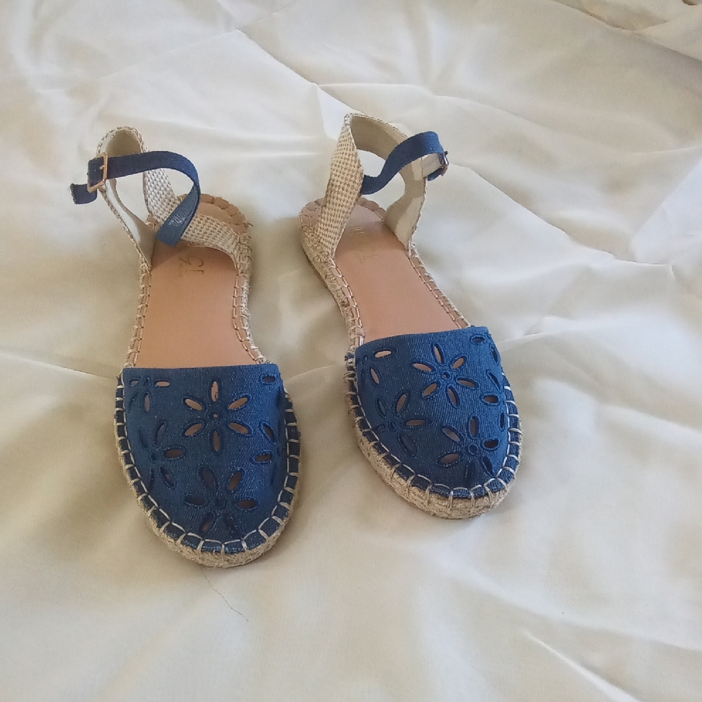 Rouge! Blue and Tan Espadrilles with Floral Embroidery